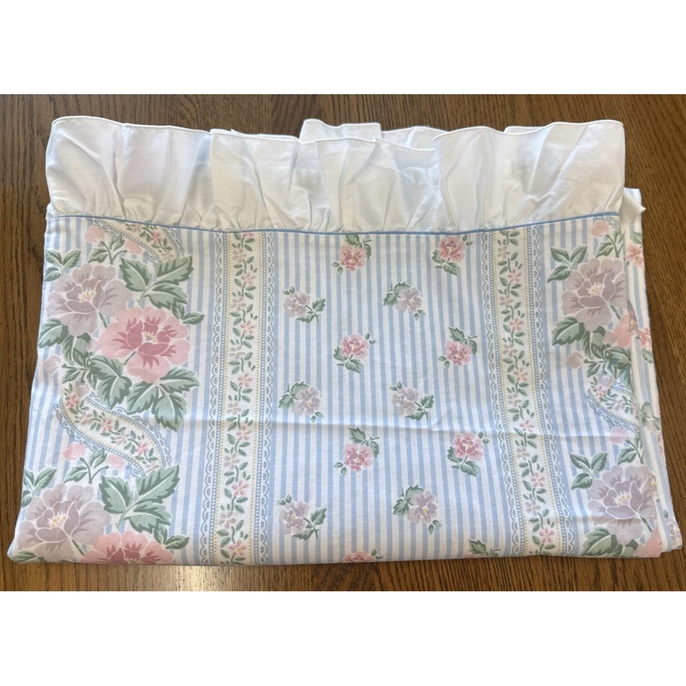 Vtg Sheet Floral Wallpaper Stripe Blue Pink Ruffled Top Shabby Cottage Twin Flat